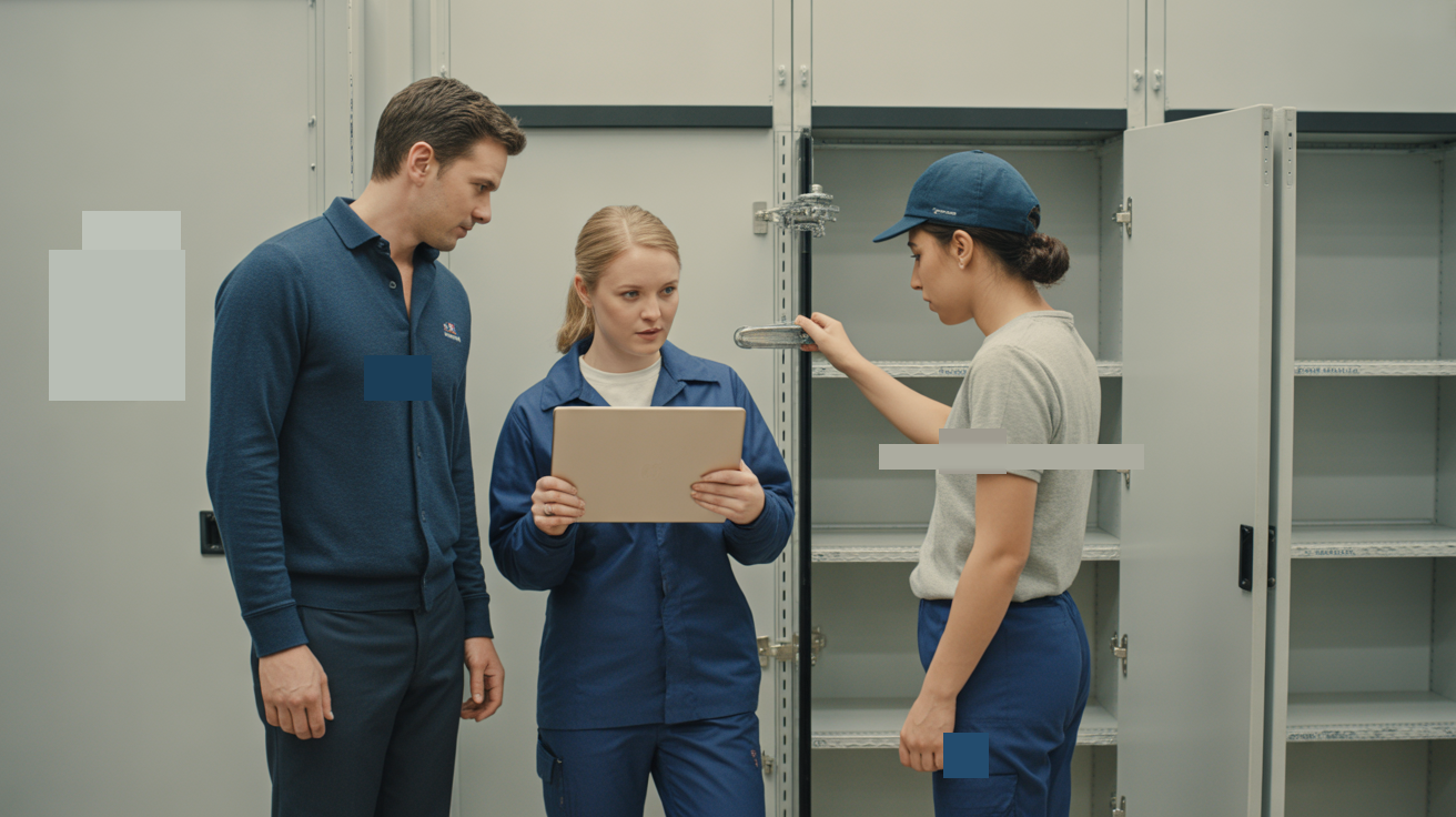 A small facilities team reviewing a maintenance issue on a tablet in a modern shared workspace