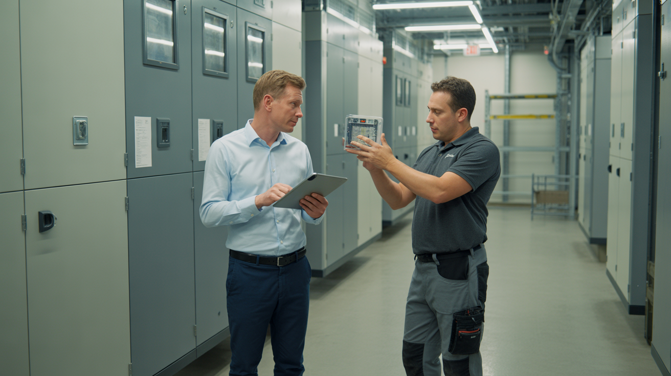 A facilities manager reviewing contractor maintenance evidence on a tablet in a clean plant room