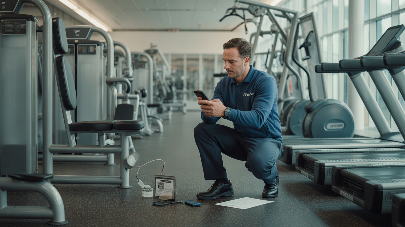 A gym manager reviewing a reported equipment fault on a phone beside modern fitness machines