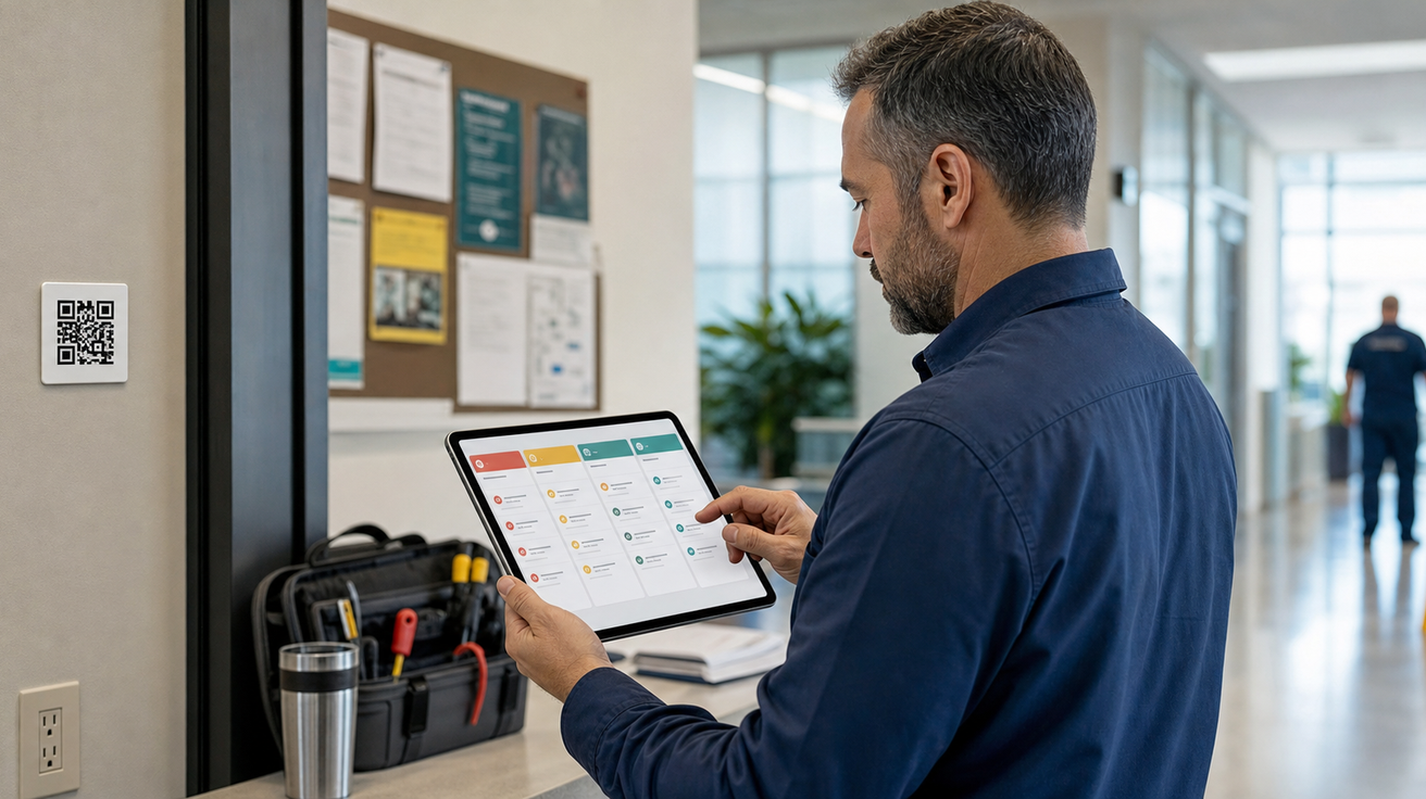 A facilities manager reviewing incoming maintenance reports on a tablet with clear triage lanes