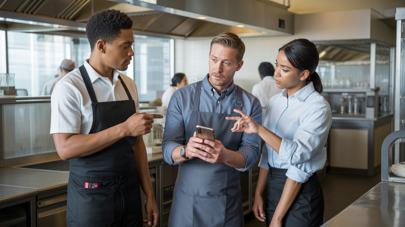 Restaurant manager reviewing a maintenance issue on a phone in a clean commercial kitchen
