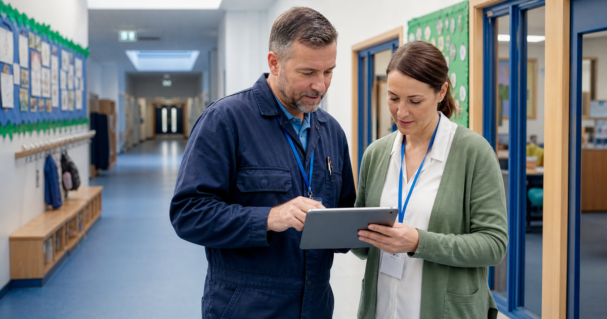 School site staff reviewing a maintenance issue on a tablet in a bright corridor